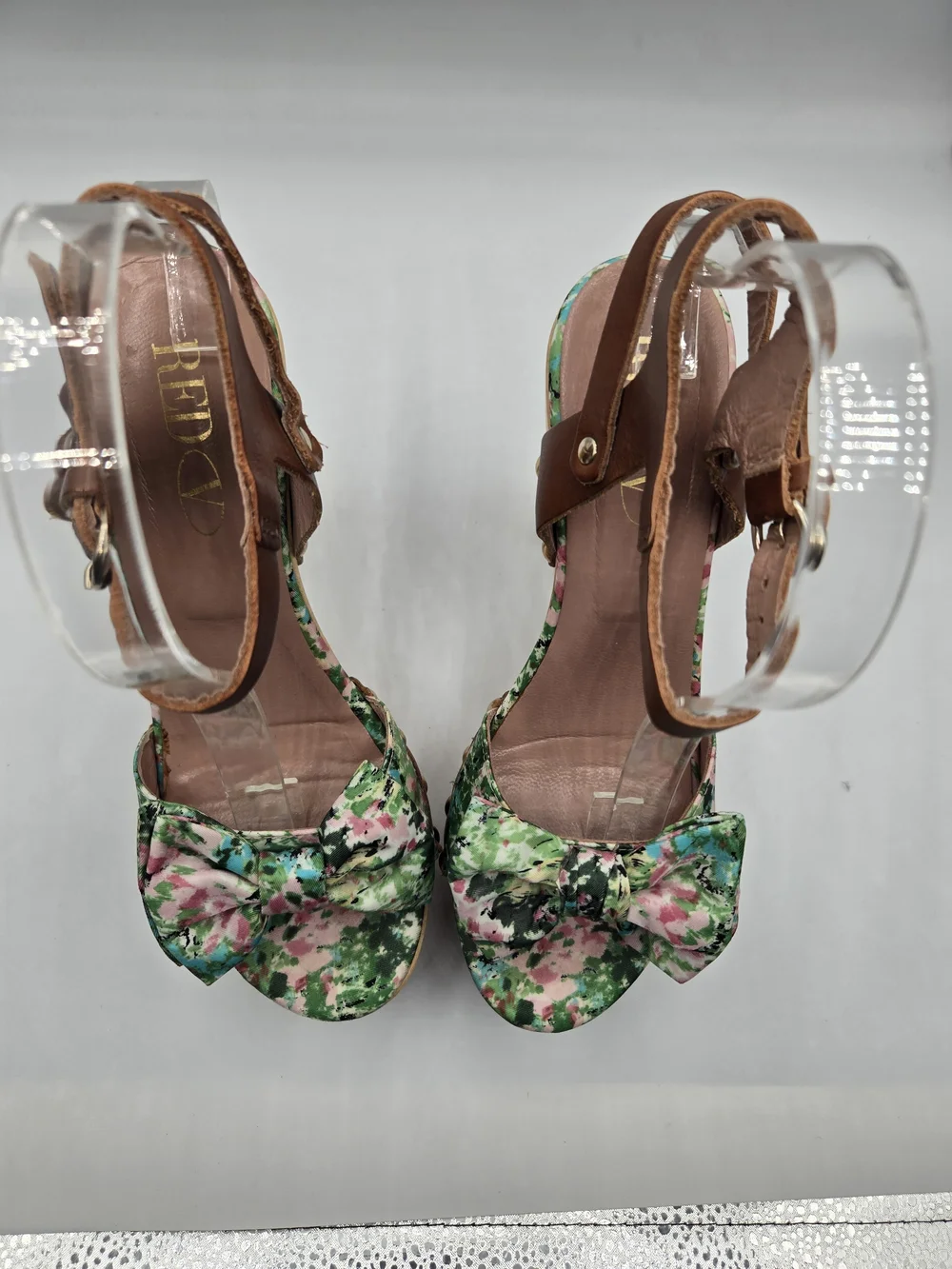 RED Valentino Meadow Print Platform Sandals Size 37.5 Floral Bow Wood Heel